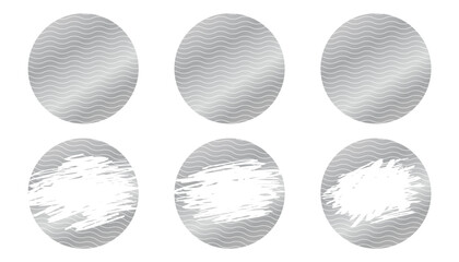 Round Set of silver scratch card templates with scraped texture effects. Metallic scratch-off vector elements for lotteries, prize reveals, and discount coupons. Isolated on a transparent background.