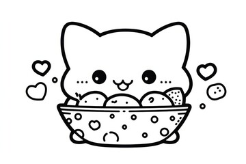 Fototapeta premium Cute kawaii animal with heart-shaped spots eating from food bowl, simple black and white line art coloring page for kids