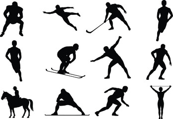 Set of sports silhouettes. Athlete figures in action: football, skiing, hockey, running, and equestrian. Vector collection of various sport poses and exercises for competition and fitness.
