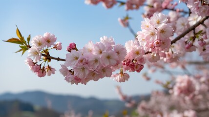 Gentle pink cherry blossoms burst forth on a branch against a soft sky, heralding the arrival of spring.