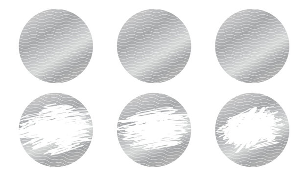 Round Set of silver scratch card templates with scraped texture effects. Metallic scratch-off vector elements for lotteries, prize reveals, and discount coupons. Isolated on a transparent background.