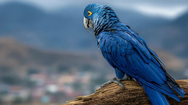 blue macaw bird on tree stump at nature mountainous landscape 