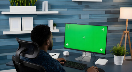 Man working at a desk with a green screen monitor in a modern office environment.