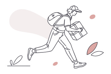Fototapeta premium Speedy Delivery: Minimalist line art showcases a courier in motion, urgently delivering a package, symbolizing efficiency and fast service in shades of gray and pale pink.