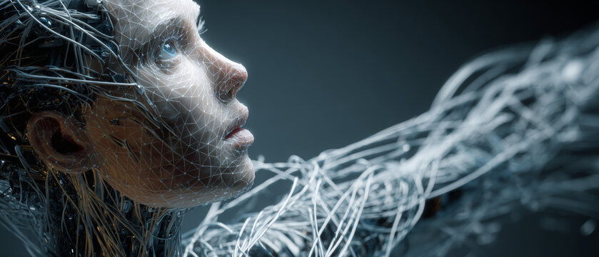 Wired Humanoid Looking Toward Future
