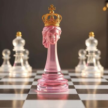 Pink queen chess piece with golden crown on board &ndash; leadership and power concept