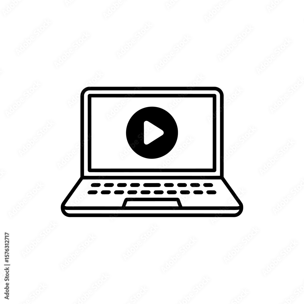 Fototapete simple black and white line art icon of a laptop displaying a play button symbol
