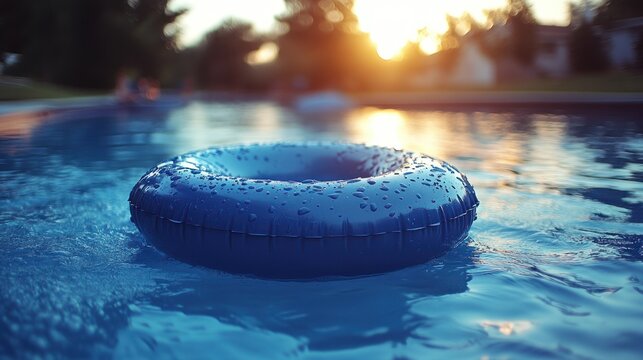 Blue inflatable pool ring in water at sunset
