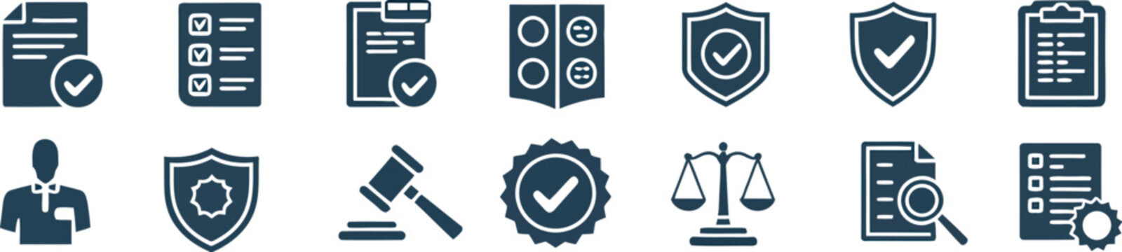 Compliance and legal regulations glyph icon set. Solid blue icons for policy, verification, and law. Includes gavel, shield, approved document, and checklist symbols for business and government.
