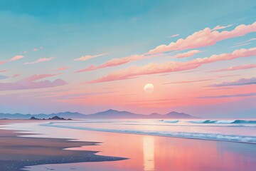 Fototapeta premium Serene beach landscape at sunset with pastel colored clouds and calm ocean waves reflecting light
