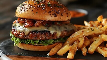 Indulge in the allure of a tempting gourmet burger, complete with melted cheese, crispy bacon and a side of golden, perfectly seasoned french fries on a rustic slate plate.