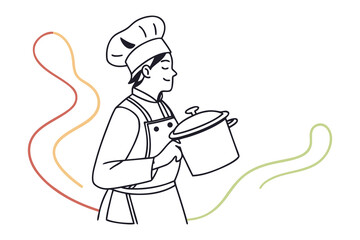 Chef with a Cookware: An illustration of a chef holding a pot, ready to create culinary delights. The chef, in a toque and apron, is poised in a clean kitchen, ready for any culinary creation. 