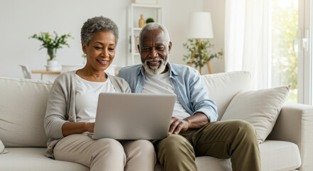 old african american couple sitting on sofa happily using laptop in living room. cozy home, technology, relaxation, online shopping, remote work. sales and discounts. senior activity, active lifestyle