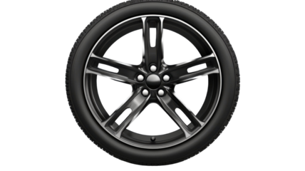 Car wheel with black rubber tire and metal alloy rim isolated on white background
