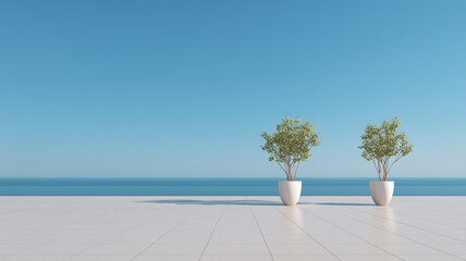 background of blue sea and open space of balcony with plants