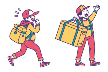 Delivery Service Illustration: Depicts a pair of delivery workers, one actively running with a backpack, and the other confidently carrying a package. Represents delivery service, food delivery.