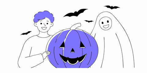 Enjoy a whimsical Halloween scene featuring a smiling boy, friendly ghost, and playful pumpkin, capturing festive fun and playful design.