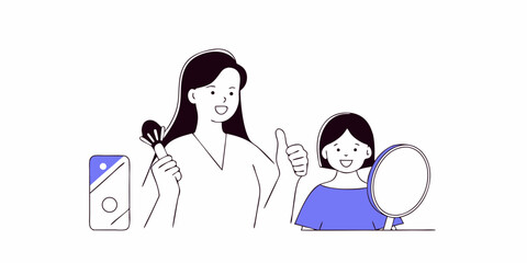 Two smiling women with makeup brush and mirror, ideal for beauty blogs or cosmetic branding with a clean, modern aesthetic.