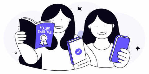 Joyful girl reads a book while another checks her phone, a study of contrasting learning styles and modern technology integration.