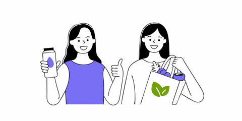 Two women promote sustainable living, one holding reusable bottle and other reusable shopping bag for a design celebrating ecological awareness.