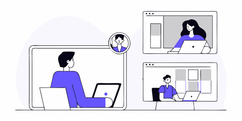Online meeting depiction featuring people connecting through laptops in a virtual conference environment, suitable for business or educational designs.