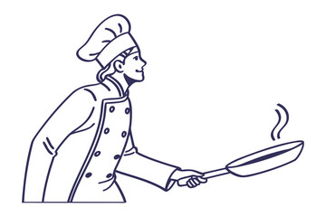 Culinary Creation: A chef in a classic uniform skillfully flips a pan, creating a delectable culinary masterpiece. Featuring lines with a chef's hat and the subtle release of aromatic steam
