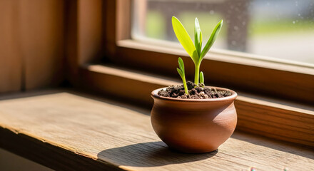 Small Green Plant Growing In Pot By Window