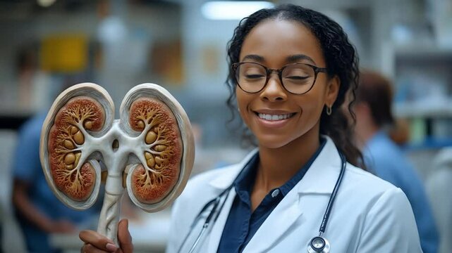 Smiling woman doctor in white coat holding kidney model in hospital environment providing medical insights and demonstrating the function of internal organs.