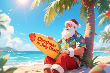 Santa claus on beach promoting christmas in july deals summer holiday