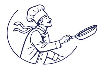Culinary Expertise: A skilled chef, complete with his traditional hat and iconic mustache, poised in the dynamic act of tossing a meal in a frying pan.