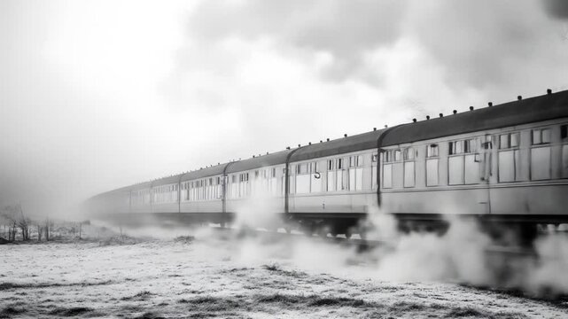 Behold a powerful steam engine chugging along the tracks, showcasing transportation history, a vintage locomotive, and the bygone era of railway travel amidst foggy landscapes.