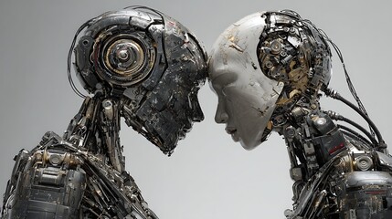 Robotic Figures Touch Foreheads in a Conceptual Digital Art Piece