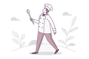 Culinary Artisan's Stroll: A culinary artisan, attired in a pristine chef's coat, walks gracefully with a wooden spoon, exuding confidence.
