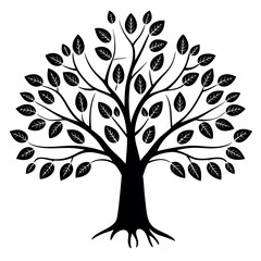 Fototapeta premium Black tree silhouette with detailed leaves and roots, diversity tree symbol 