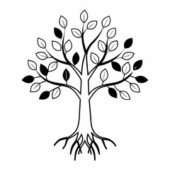 Obraz premium Black and white tree illustration with branches and leaves, diversity tree symbol 