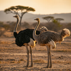 Two ostriches stand in a dry savanna landscape at sunset