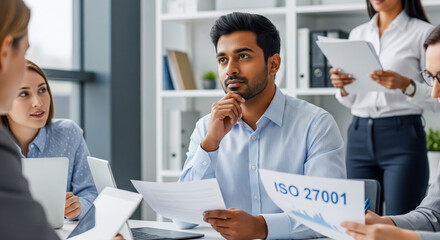 Diverse Team Discussing Security Standards Document