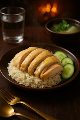 Authentic Hainanese Chicken Rice with Clear Soup and Cucumber Slices &ndash; Traditional Asian Cuisine