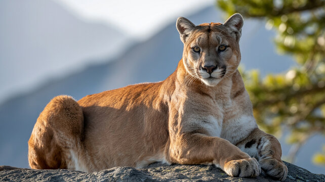 Cougar resting on rock with blurred mountain background - Powered by Adobe