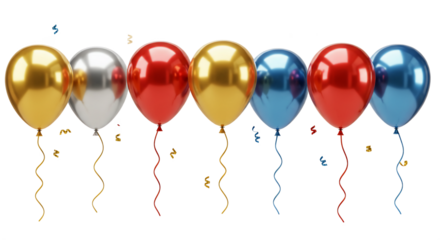 Festive balloons in gold, silver, red, and blue float against a clean transparent background