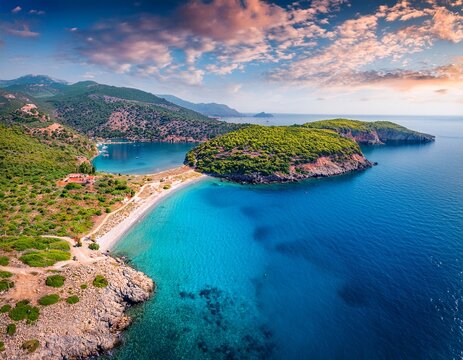 breathtaking summer view from flying drone of limnionas beach spectacular morning scene of euboea island greece europe beautiful seascape of aegean sea traveling concept background