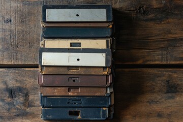 A stack of vintage floppy disks rests on a rustic wooden surface, showcasing their aged appearance and technological history.