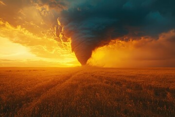 Obraz premium A massive dark tornado touches down in a golden wheat field at sunset, a dramatic and awe-inspiring scene.