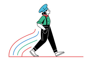Walking woman with rainbow trail: woman with navy hat strides forward, leaving a colourful rainbow trail in her wake