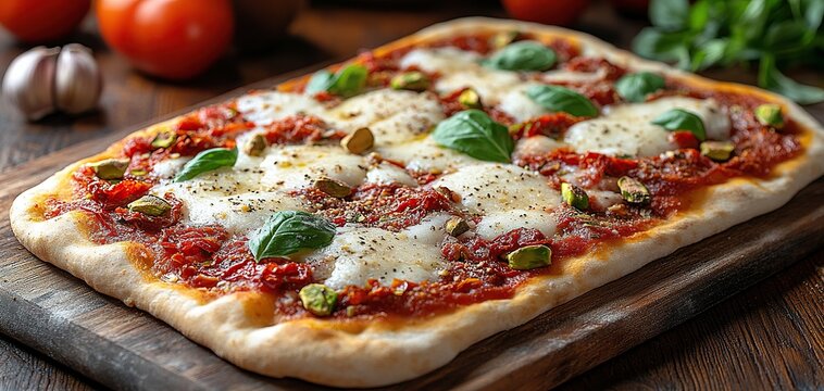 rectangular pizza, pinsa romana, with red sauce, fresh mozzarella, basil leaves, crushed pistachios, and black pepper on a wooden board