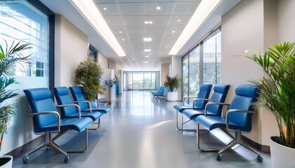 modern hospital waiting room with blue chairs large and indoor plants