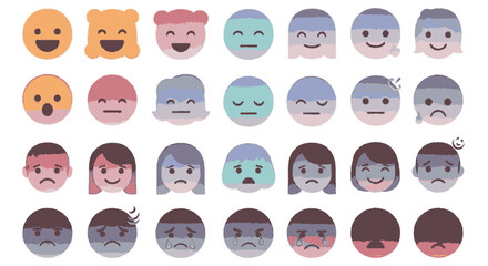 Collection of diverse cartoon faces expressing various emotions.