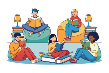 The Joy of Literacy: Illustration of a diverse group of individuals immersed in the world of books, highlighting the joy of reading and the enriching experience of shared knowledge.