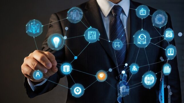 Businessman interacting with digital interface showing connected icons and network nodes