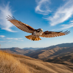 Red tailed hawk in flight over dry grassy hills bird of prey